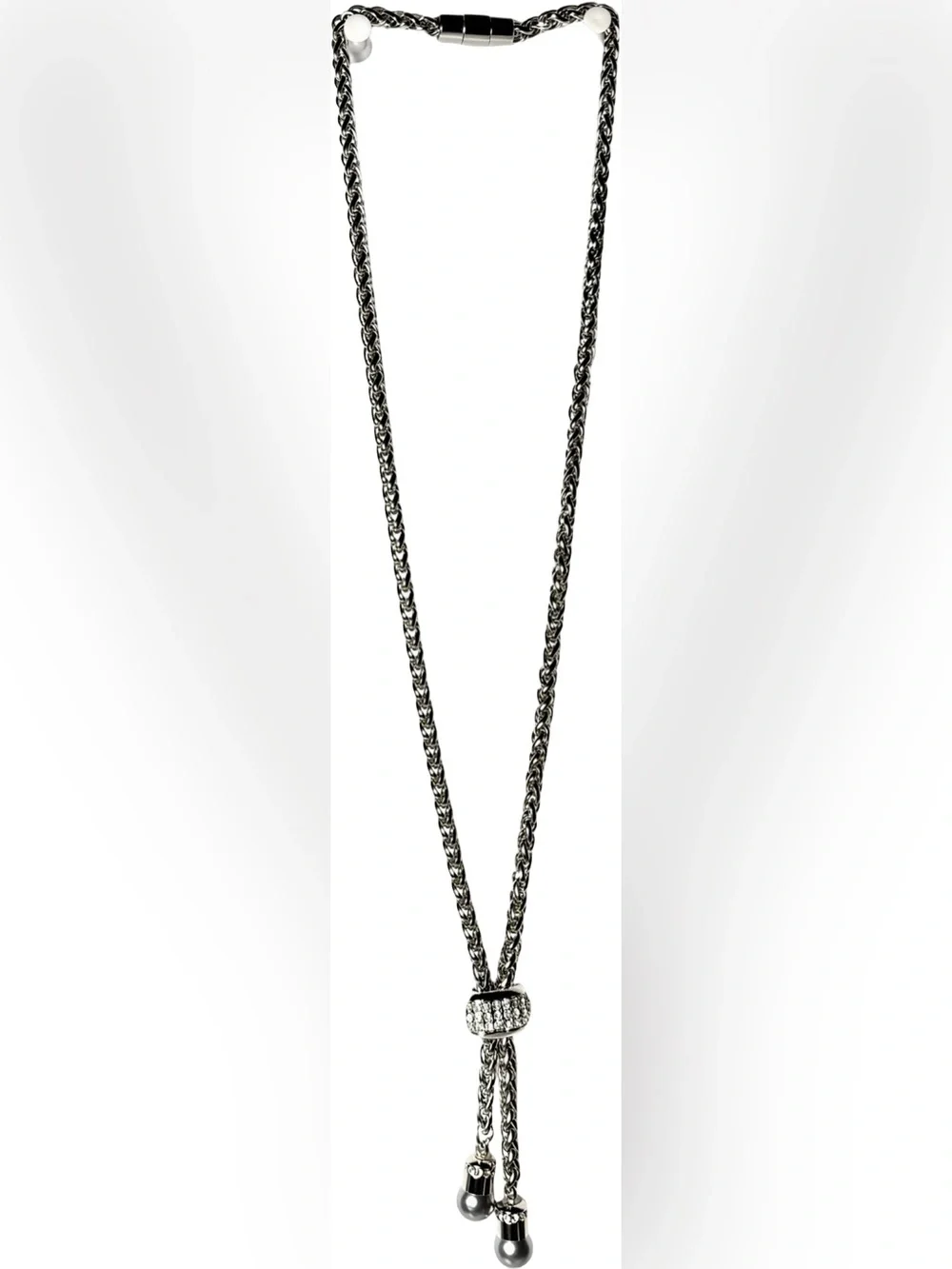 Silver Crystal Pavé Bead Chain Bolo Necklace